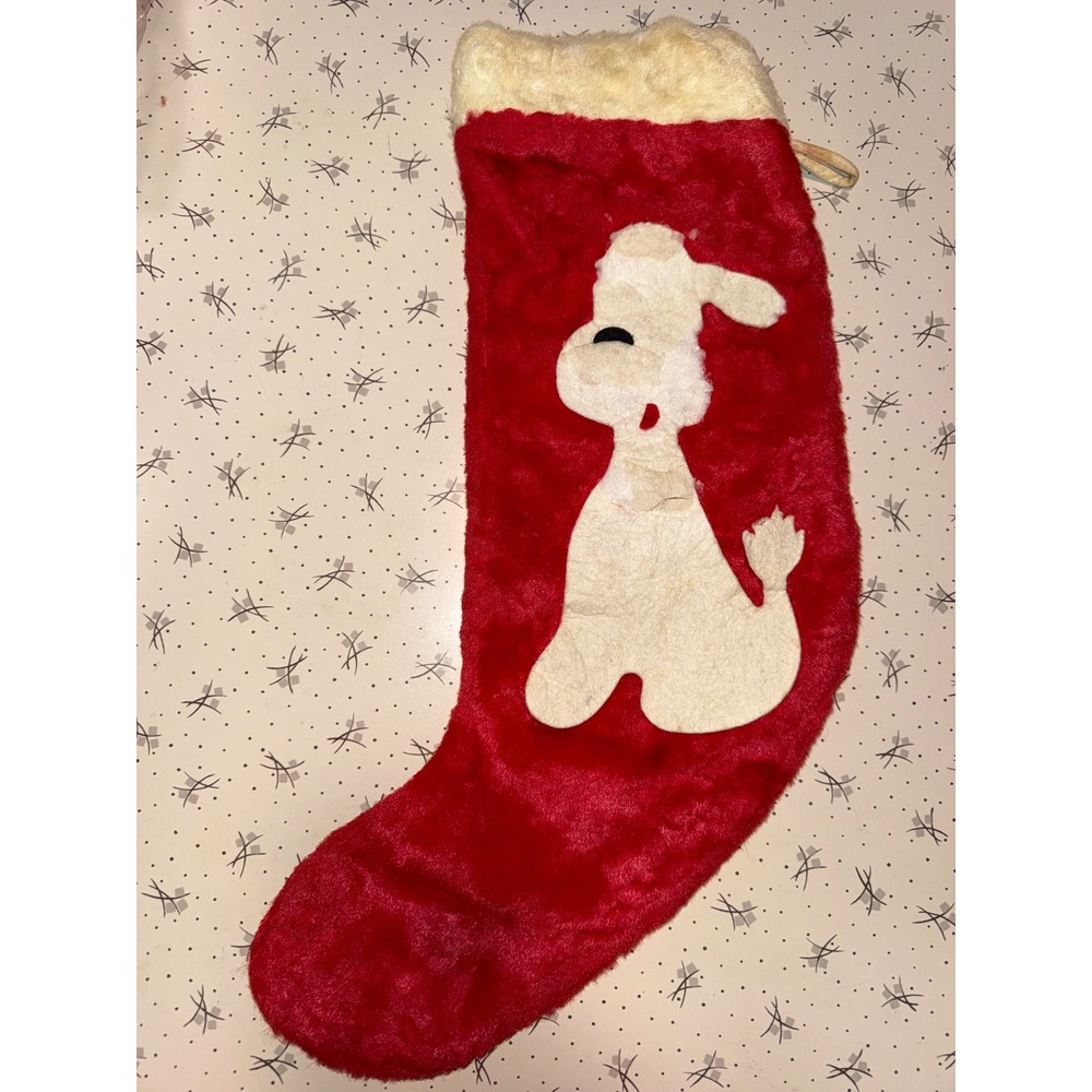 Vintage 80s Christmas Stocking Red Plush White Poodle Applique Faux Fur Cuff‎
